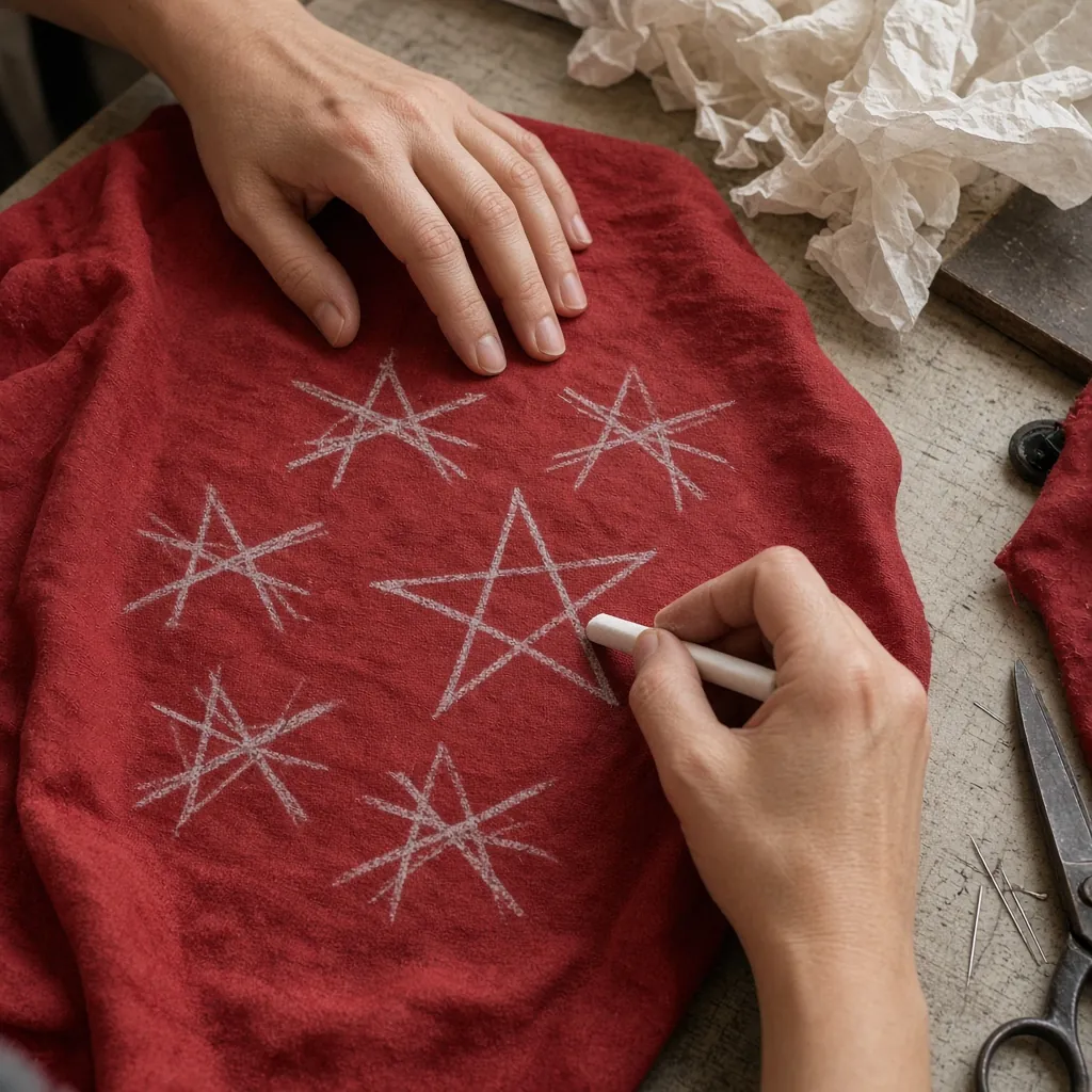Mãos riscando estrelas tortas com giz num tecido vermelho. Imagem ilustrativa