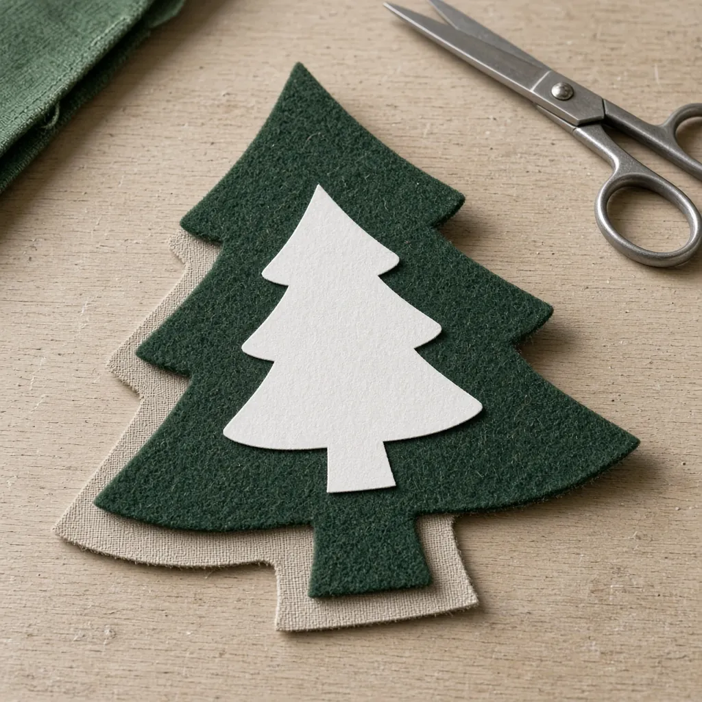 Recortes de árvore de Natal em tecido e papel sobre a mesa. Imagem ilustrativa