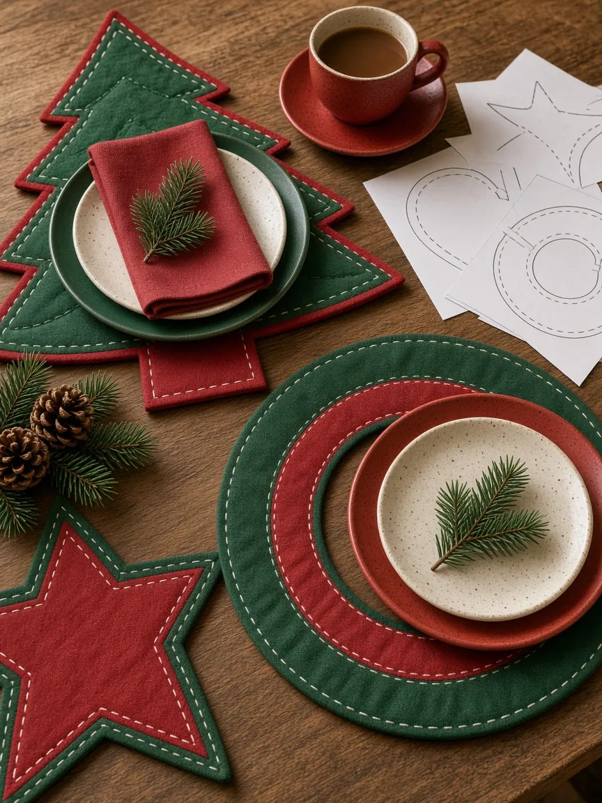 Mesa posta de Natal com jogos americanos de tecido em formato de árvore, estrela e redondo, moldes impressos ao lado. Imagem ilustrativa
