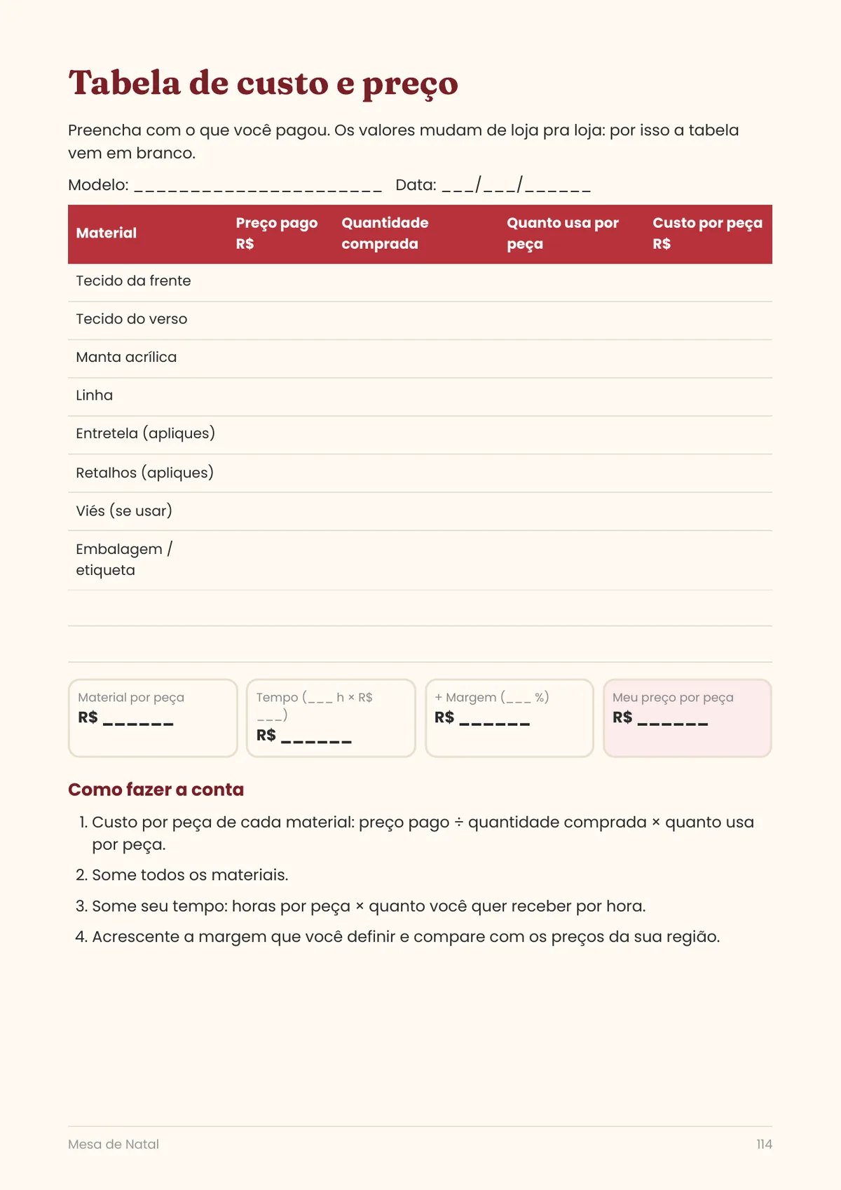 Página real do PDF Mesa de Natal: tabela de custo e preço